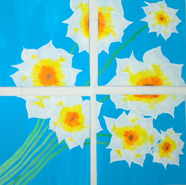 tableau fleur en 4 carrés, peinture acrylique